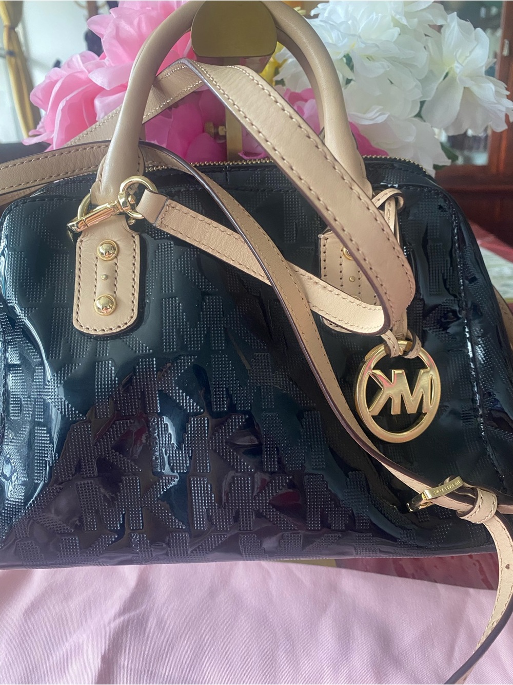Michael Kors Black Patent Satchel with Beige Trim and Gold MK Charm